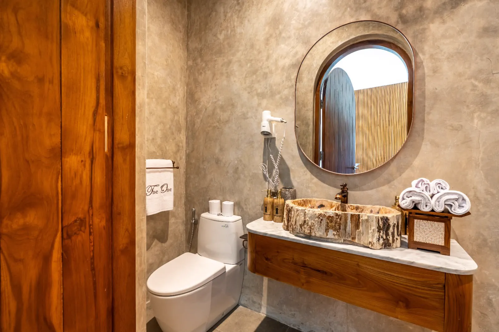 Bathroom with petrified wood basin